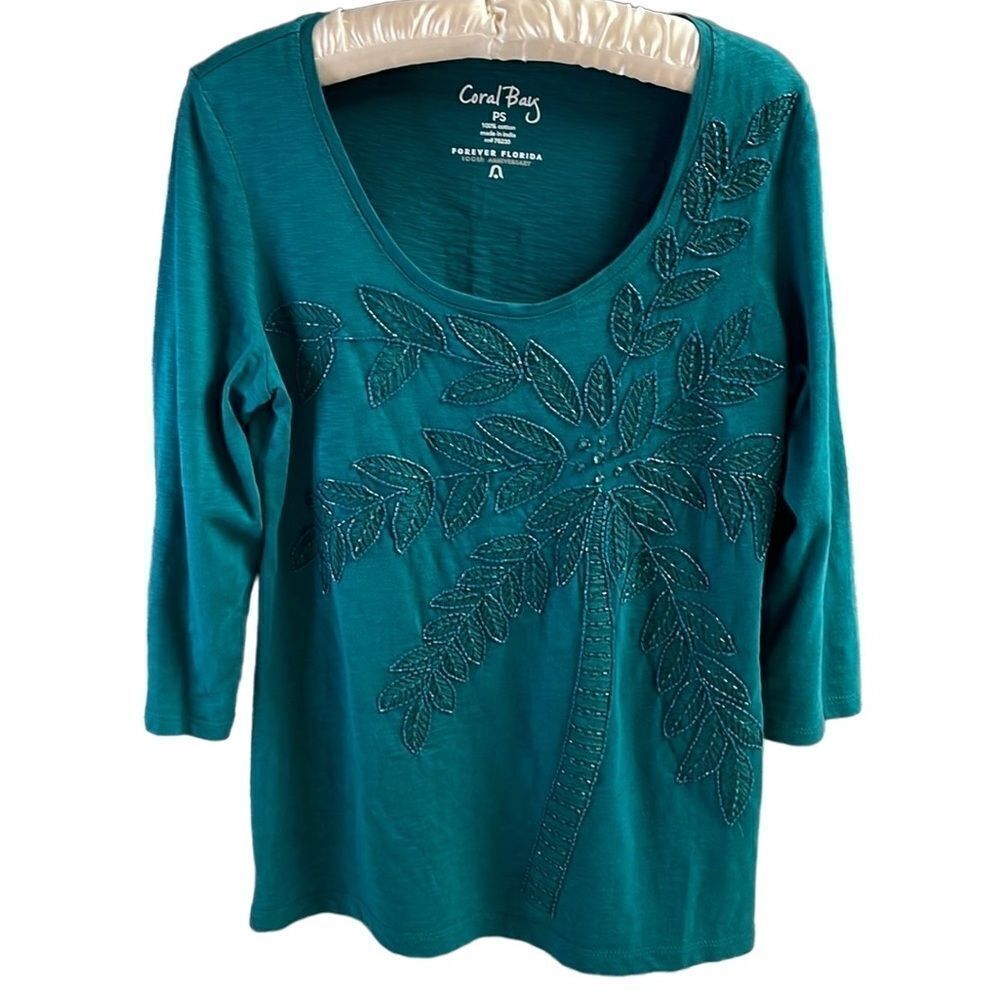 Coral Bay PS Ladies Emerald Green Scoop Neck 3/4 Sleeve Beaded Top Palm Tree